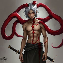 Concept art of a young man with red eyes and black sclera, featuring medium-length, platinum-white hair