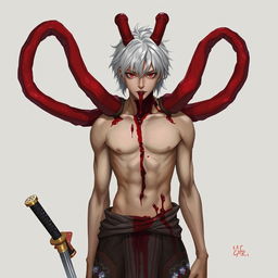 Concept art of a young man with red eyes and black sclera, featuring medium-length, platinum-white hair