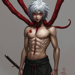 Concept art of a young man with red eyes and black sclera, featuring medium-length, platinum-white hair