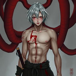 Concept art of a young man with red eyes and black sclera, featuring medium-length, platinum-white hair