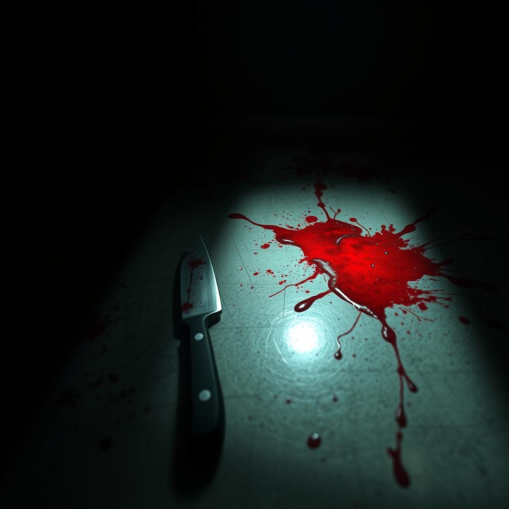 A dark and eerie scene with a blood-covered floor, highlighting a knife with fresh red stains reflecting a dimly lit environment