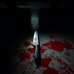 A dark and eerie scene with a blood-covered floor, highlighting a knife with fresh red stains reflecting a dimly lit environment