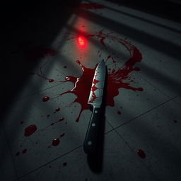 A dark and eerie scene with a blood-covered floor, highlighting a knife with fresh red stains reflecting a dimly lit environment