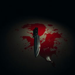 A dark and eerie scene with a blood-covered floor, highlighting a knife with fresh red stains reflecting a dimly lit environment