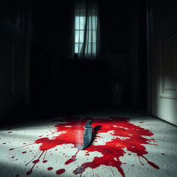 Inside a dimly lit house, a chilling scene unfolds with a blood-soaked floor