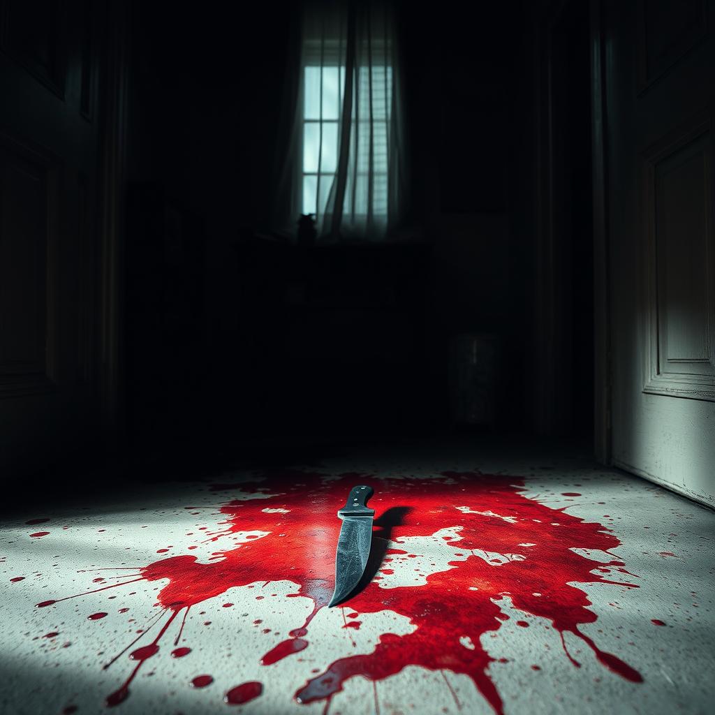 Inside a dimly lit house, a chilling scene unfolds with a blood-soaked floor