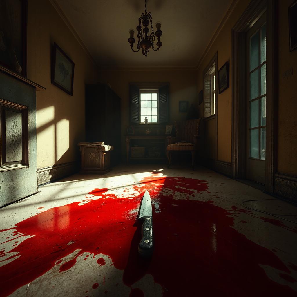 Inside a dimly lit house, a chilling scene unfolds with a blood-soaked floor