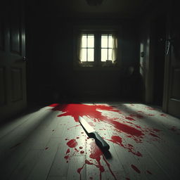 Inside a dimly lit house, a chilling scene unfolds with a blood-soaked floor