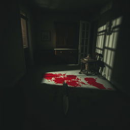 Inside a dimly lit house, a chilling scene unfolds with a blood-soaked floor