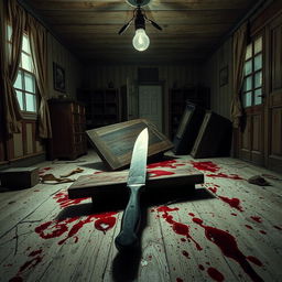 A chaotic room with blood splattered on the walls and floor, featuring a sharp knife lying ominously in the center of a dimly lit house