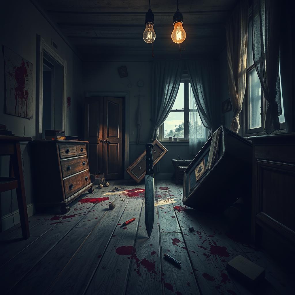 A chaotic room with blood splattered on the walls and floor, featuring a sharp knife lying ominously in the center of a dimly lit house