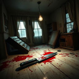 A chaotic room with blood splattered on the walls and floor, featuring a sharp knife lying ominously in the center of a dimly lit house