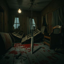 A chaotic room with blood splattered on the walls and floor, featuring a sharp knife lying ominously in the center of a dimly lit house