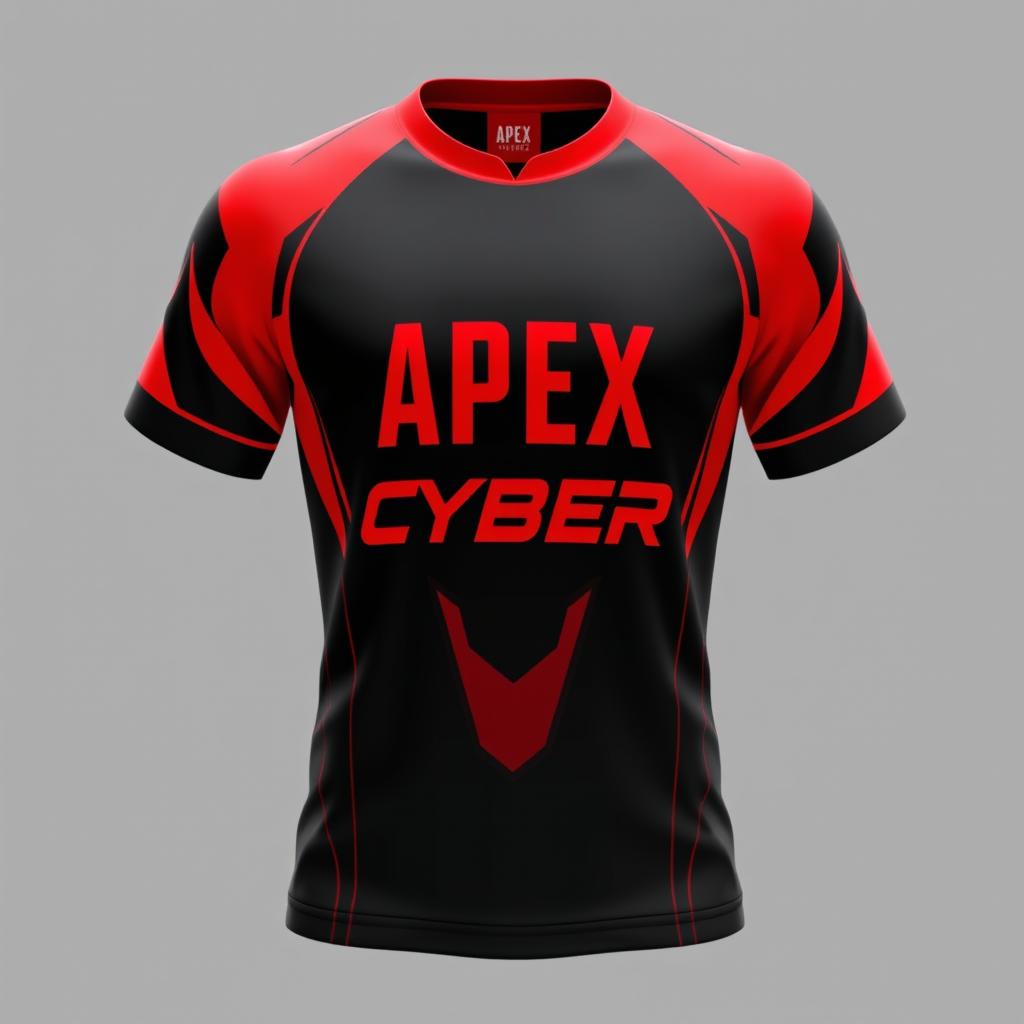 3D render of an esports jersey in black and red colors, featuring the team name "Apex Cyber" prominently displayed on the front in bold, futuristic typography
