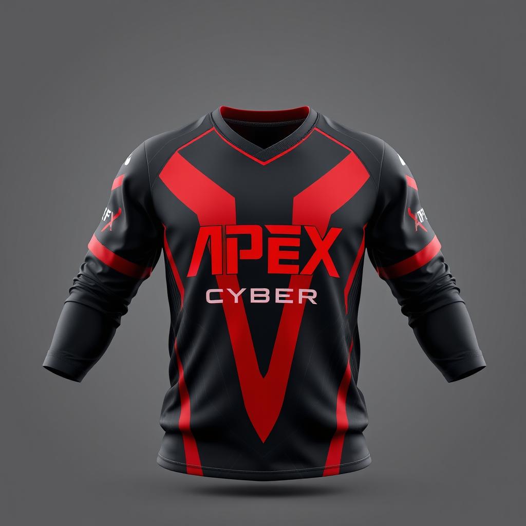 3D render of an esports jersey in black and red colors, featuring the team name "Apex Cyber" prominently displayed on the front in bold, futuristic typography