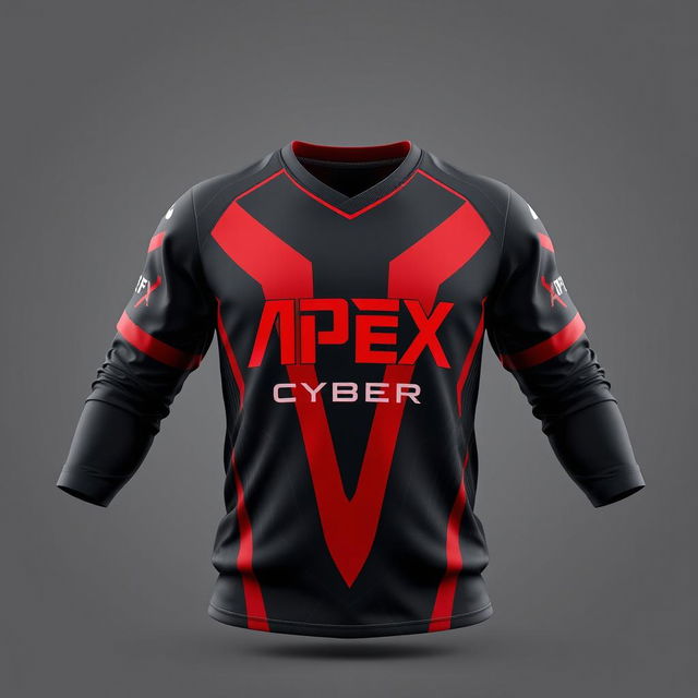 3D render of an esports jersey in black and red colors, featuring the team name "Apex Cyber" prominently displayed on the front in bold, futuristic typography