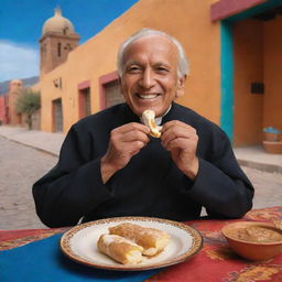 Miguel Hidalgo, historical Mexican figure, joyfully eating a marquesita, a traditional rolled Mexican dessert filled with cheese and caramel. He is in a vibrant setting, with a pueblo-style backdrop adding to the authenticity of the scene.