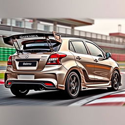 a 2023 Suzuki Baleno, modified with an eye-catching, large wing spoiler attached to the rear