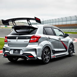 a 2023 Suzuki Baleno, modified with an eye-catching, large wing spoiler attached to the rear