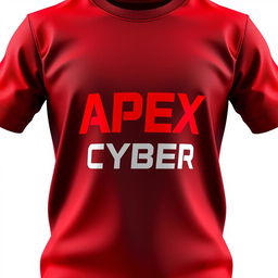 3D render of a T-shirt in red and black color scheme, featuring the text "Apex Cyber" prominently on the front