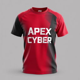 3D render of a T-shirt in red and black color scheme, featuring the text "Apex Cyber" prominently on the front