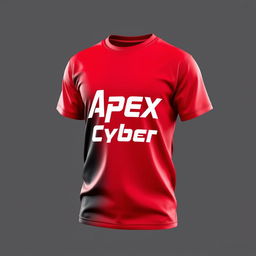 3D render of a T-shirt in red and black color scheme, featuring the text "Apex Cyber" prominently on the front