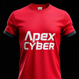 3D render of a T-shirt in red and black color scheme, featuring the text "Apex Cyber" prominently on the front