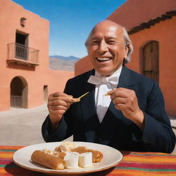 Miguel Hidalgo, historical Mexican figure, joyfully eating a marquesita, a traditional rolled Mexican dessert filled with cheese and caramel. He is in a vibrant setting, with a pueblo-style backdrop adding to the authenticity of the scene.