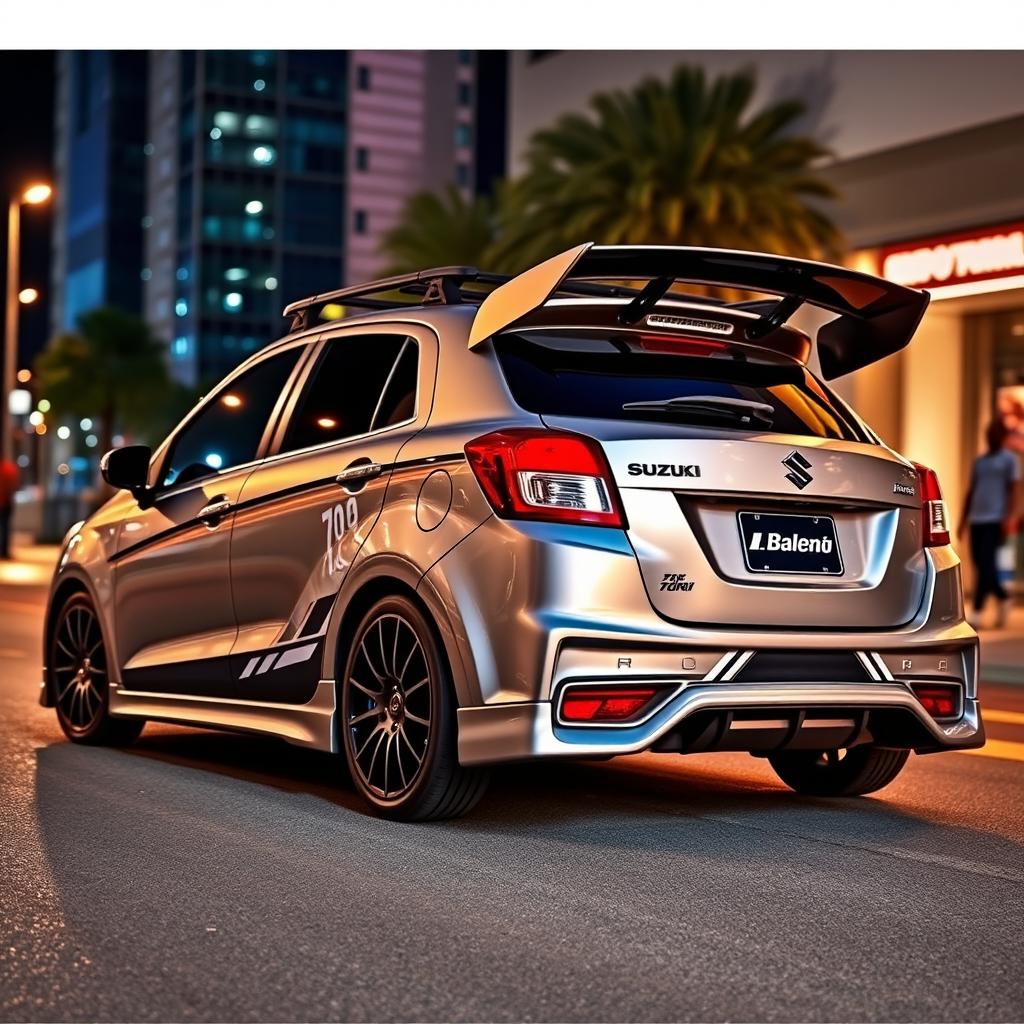 a 2023 Suzuki Baleno, modified with a striking large wing spoiler and a functional roof rack