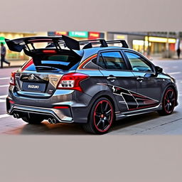 a 2023 Suzuki Baleno, modified with a striking large wing spoiler and a functional roof rack