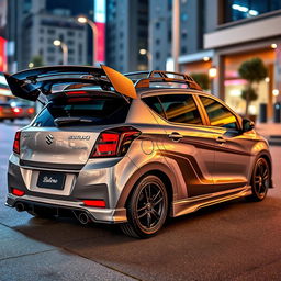 a 2023 Suzuki Baleno, modified with a striking large wing spoiler and a functional roof rack