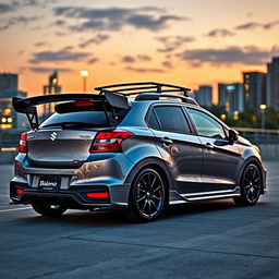 a 2023 Suzuki Baleno, stylishly modified with a wide wing spoiler and a functional roof rack