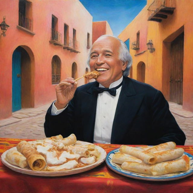 Miguel Hidalgo, historical Mexican figure, joyfully eating a marquesita, a traditional rolled Mexican dessert filled with cheese and caramel. He is in a vibrant setting, with a pueblo-style backdrop adding to the authenticity of the scene.