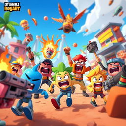 an action-packed scene featuring cartoonish characters from a battle royale game with bright and colorful environments, showcasing humorous and chaotic gameplay reminiscent of stumble guys