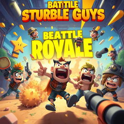 an action-packed scene featuring cartoonish characters from a battle royale game with bright and colorful environments, showcasing humorous and chaotic gameplay reminiscent of stumble guys