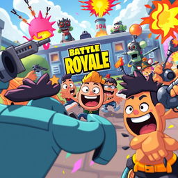 an action-packed scene featuring cartoonish characters from a battle royale game with bright and colorful environments, showcasing humorous and chaotic gameplay reminiscent of stumble guys