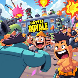 an action-packed scene featuring cartoonish characters from a battle royale game with bright and colorful environments, showcasing humorous and chaotic gameplay reminiscent of stumble guys