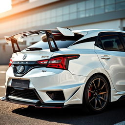 A customized 2023 Baleno car in white, featuring a wide wing spoiler and a roof scoop