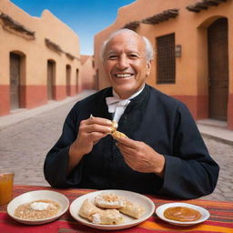 Miguel Hidalgo, historical Mexican figure, joyfully eating a marquesita, a traditional rolled Mexican dessert filled with cheese and caramel. He is in a vibrant setting, with a pueblo-style backdrop adding to the authenticity of the scene.