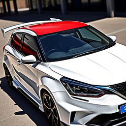 A customized 2023 Baleno car in white, featuring a wide wing spoiler and a roof scoop