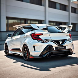 A customized 2023 Baleno car in white, featuring a wide wing spoiler and a roof scoop