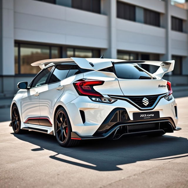 A customized 2023 Baleno car in white, featuring a wide wing spoiler and a roof scoop