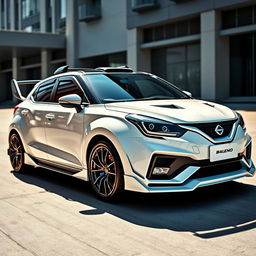 A customized 2023 Baleno car in white, featuring a wide wing spoiler and a roof scoop