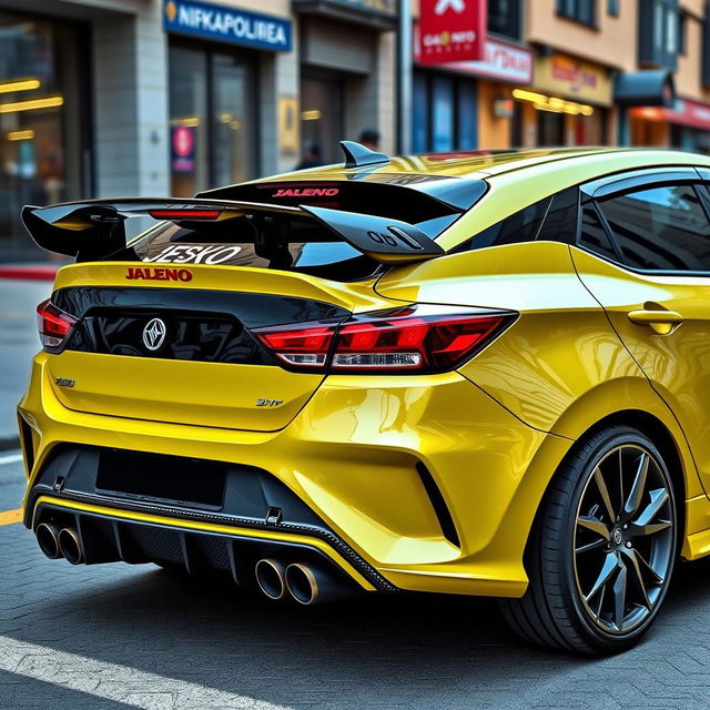 A 2023 Baleno car featuring a dramatic Jesko-style spoiler and a prominent roof scoop for a high-performance look