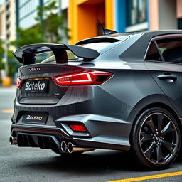 A 2023 Baleno car featuring a dramatic Jesko-style spoiler and a prominent roof scoop for a high-performance look