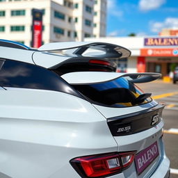 A 2023 Baleno car featuring a dramatic Jesko-style spoiler and a prominent roof scoop for a high-performance look