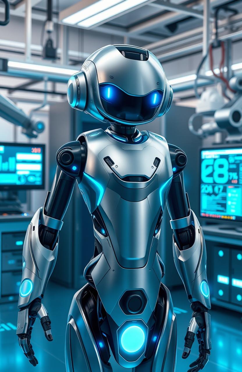 A futuristic humanoid robot with sleek metallic features and glowing blue accents, standing in a high-tech laboratory, surrounded by digital holograms and advanced computer interfaces