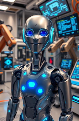 A futuristic humanoid robot with sleek metallic features and glowing blue accents, standing in a high-tech laboratory, surrounded by digital holograms and advanced computer interfaces