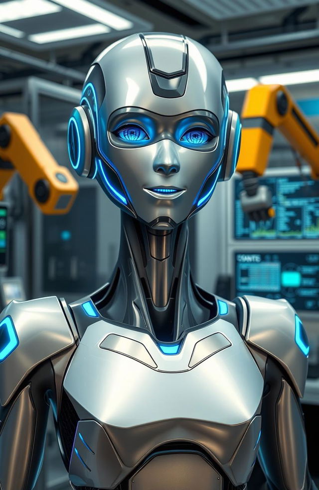 A futuristic humanoid robot with sleek metallic features and glowing blue accents, standing in a high-tech laboratory, surrounded by digital holograms and advanced computer interfaces