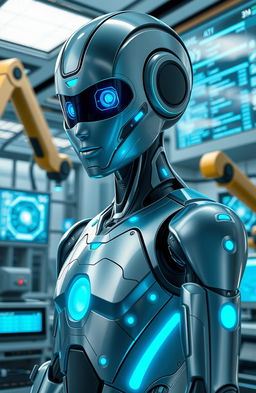 A futuristic humanoid robot with sleek metallic features and glowing blue accents, standing in a high-tech laboratory, surrounded by digital holograms and advanced computer interfaces